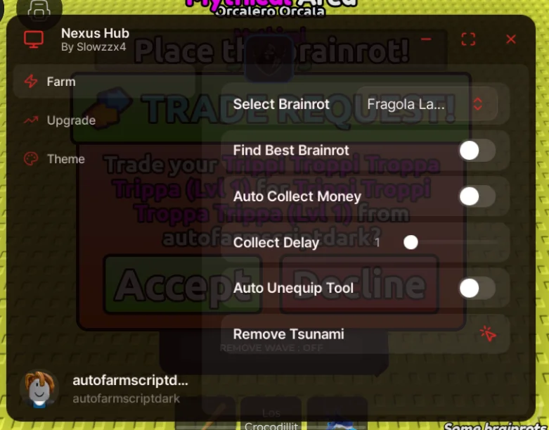 Best Brainrots Finder, Collect money, Delay, Unequip, delete tsunami